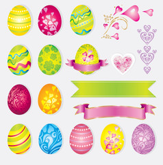 Vector colorful set of easter elements – eggs, rabbits, ribbons