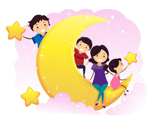 Stickman Family Kids Moon Stars Illustration