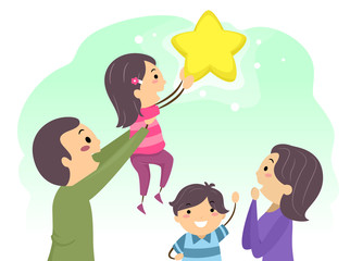 Stickman Kids Family Reaching Star Illustration