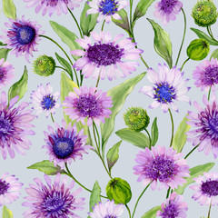 Beautiful blue and purple daisy flowers with green leaves on light background. Seamless spring pattern. Watercolor painting. Hand painted floral illustration.