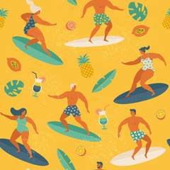 Surfing girls and boys on the surf boards catching waves in the sea. Summer beach seamless pattern in vector.