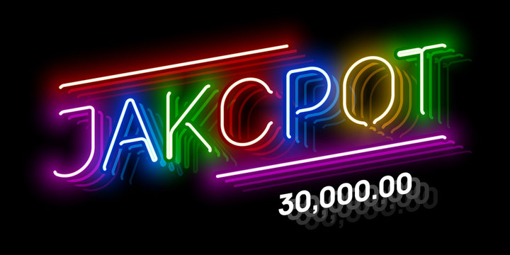 Jackpot, gambling game bright neon banner with winning. Casino or lottery advertising template
