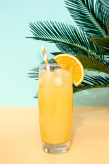 Glass of fresh orange juice and green palm leaves on pastel background. Pop art design, minimal summer concept. Vintage Photoshop toning.