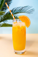 Glass of fresh orange juice and green palm leaves on pastel background. Pop art design, minimal summer concept.