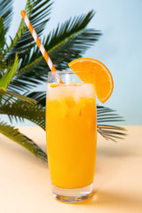 Glass of fresh orange juice and green palm leaves on pastel background. Pop art design, minimal summer concept.