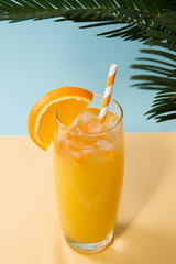 Glass of fresh orange juice and green palm leaves on pastel background. Pop art design, minimal summer concept.