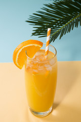 Glass of fresh orange juice and green palm leaves on pastel background. Pop art design, minimal summer concept.