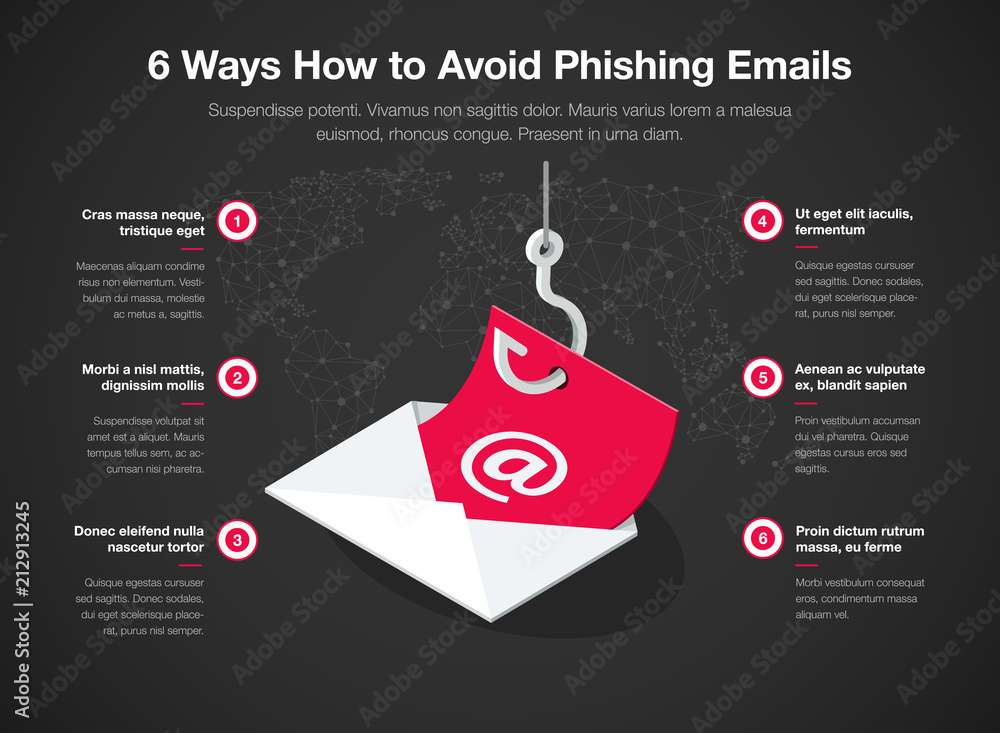 Aufkleber Simple Vector infographic for 6 ways how to avoid phishing emails template isolated on dark background. Easy to use for your website or presentation.