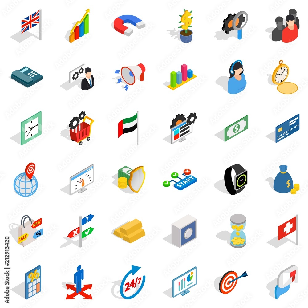 Poster strategy icons set. isometric style of 36 strategy vector icons for web isolated on white background