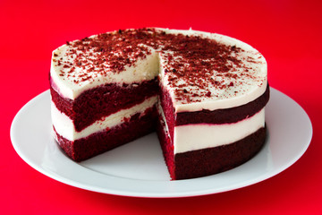 Red Velvet cake on red background