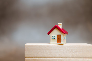 Miniature red house on wooden block using as property and business concept