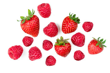 Obraz na płótnie Canvas Strawberry and Raspberry isolated on white background, top view .Fresh berries flat lay