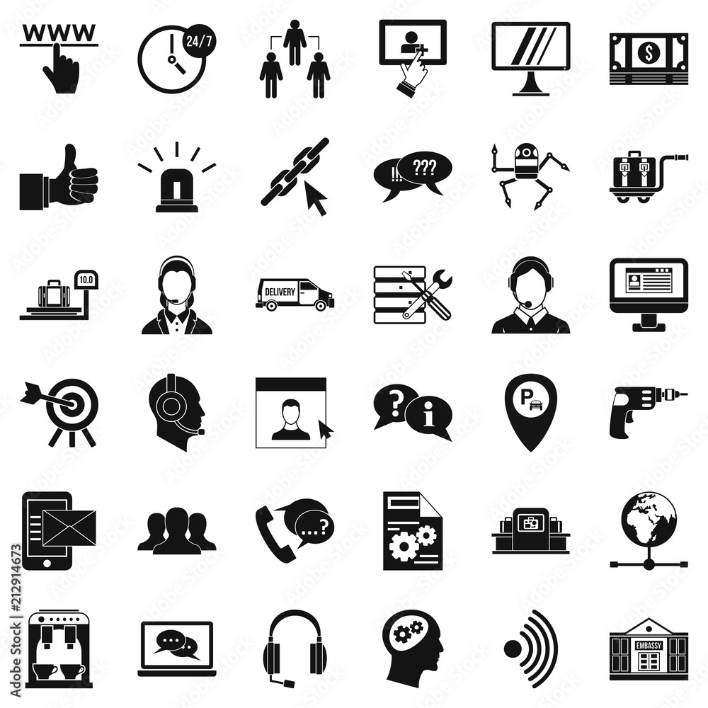 Poster center operator icons set. simple style of 36 center operator vector icons for web isolated on white