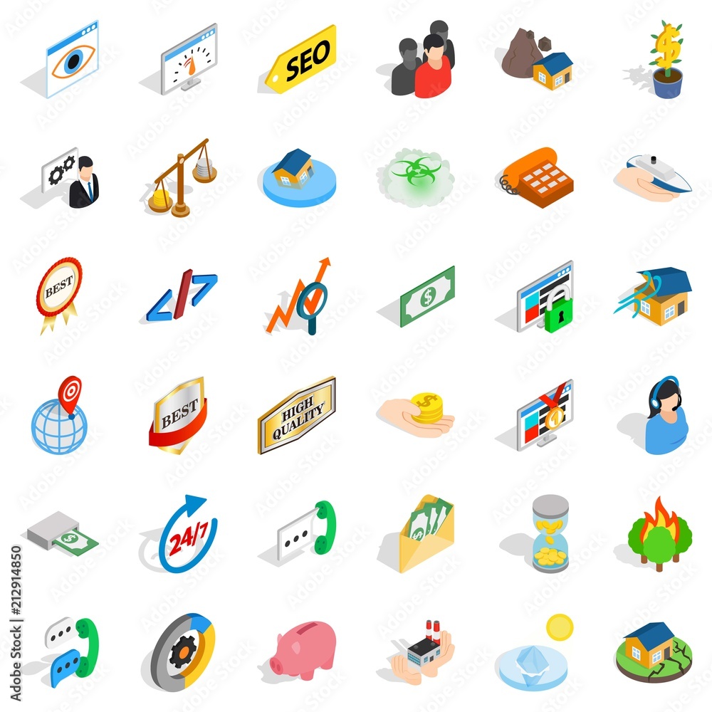 Poster call center icons set. isometric style of 36 call center vector icons for web isolated on white back