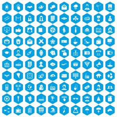 100 journalist icons set in blue hexagon isolated vector illustration