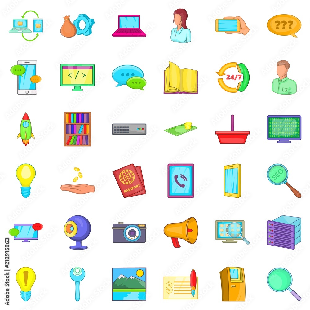 Poster computer service icons set. cartoon style of 36 computer service vector icons for web isolated on wh