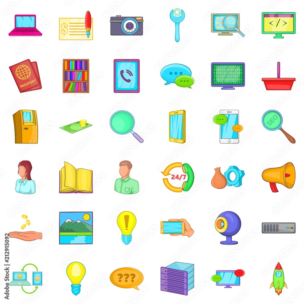 Poster tech support icons set. cartoon style of 36 tech support vector icons for web isolated on white back