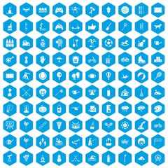Fototapeta na wymiar 100 kids activity icons set in blue hexagon isolated vector illustration