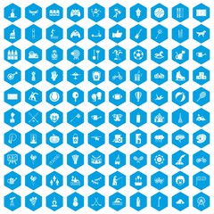 100 kids activity icons set in blue hexagon isolated vector illustration