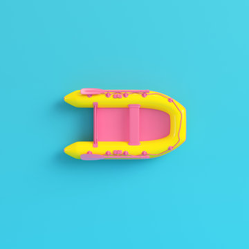 Yellow Inflatable boat on bright blue background in pastel colors