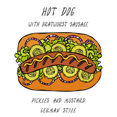 German Style Hot Dog Bratwurst Sausage, Lettuce Salad, Pickled Cucumber, Mustard. Fast Food Collection. Realistic Hand Drawn High Quality Vector Illustration. Doodle Style.