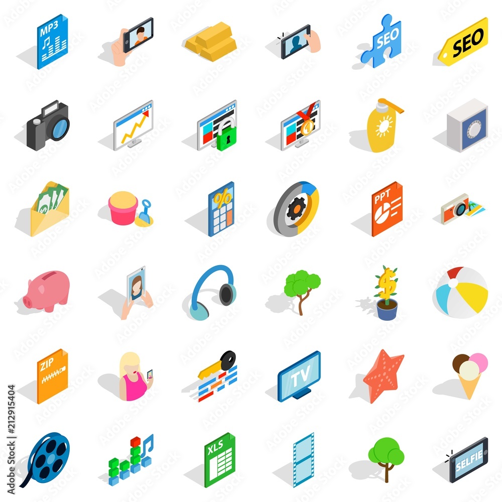 Poster seo icons set. isometric style of 36 seo vector icons for web isolated on white background