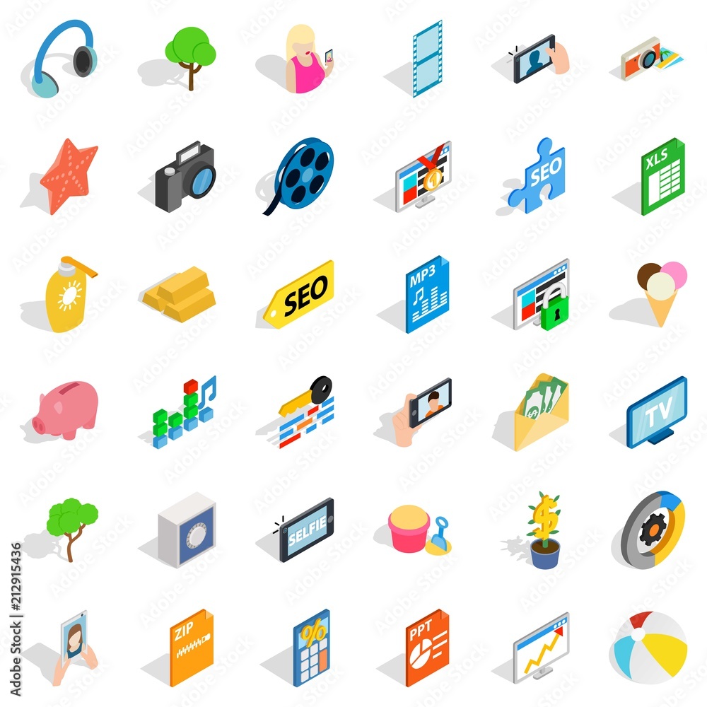 Poster seo support icons set. isometric style of 36 seo support vector icons for web isolated on white back