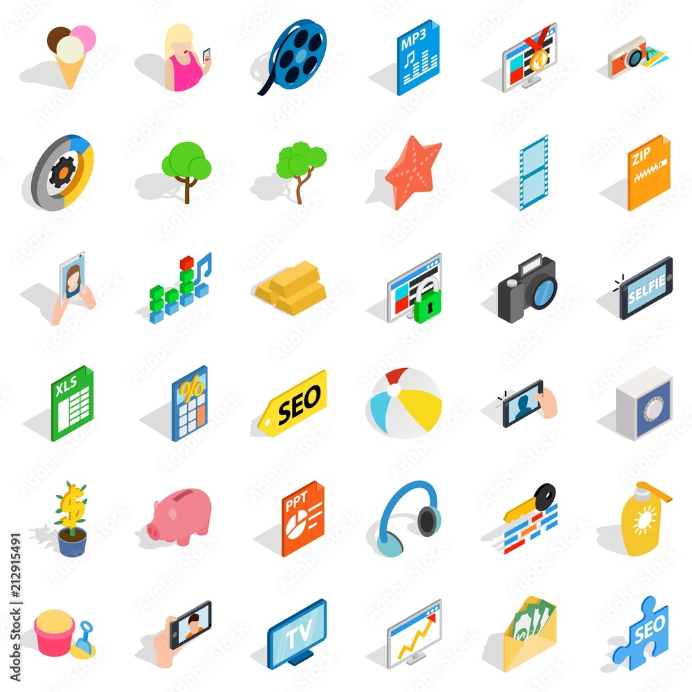 Poster help for seo icons set. isometric style of 36 help for seo vector icons for web isolated on white ba