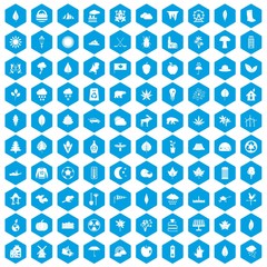 Fototapeta na wymiar 100 leaf icons set in blue hexagon isolated vector illustration