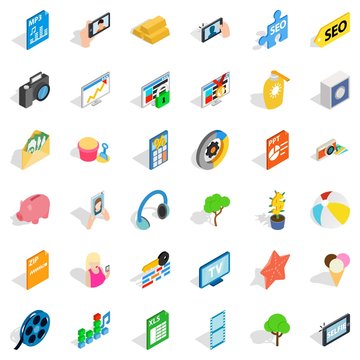 Seo icons set. Isometric style of 36 seo vector icons for web isolated on white background