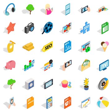 Seo support icons set. Isometric style of 36 seo support vector icons for web isolated on white background