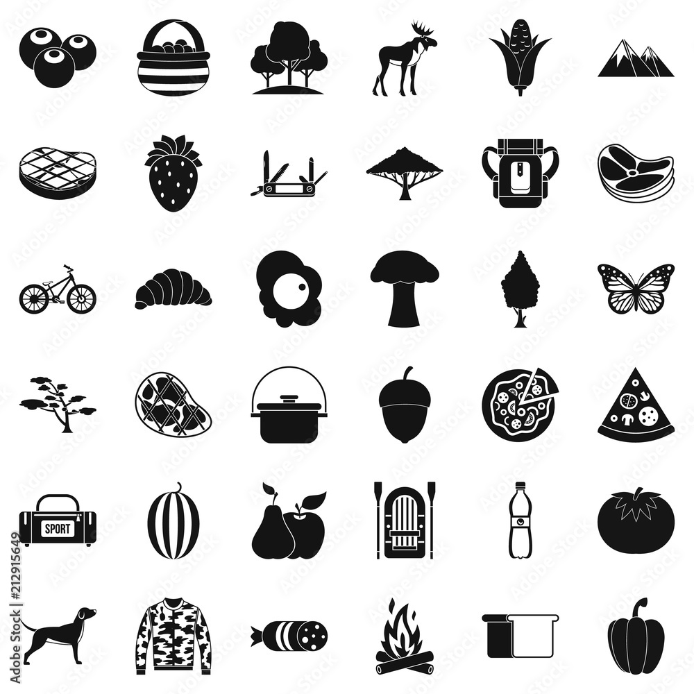 Poster camping in nature icons set. simple style of 36 camping in nature vector icons for web isolated on w