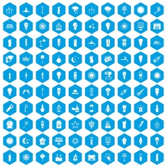 100 light source icons set in blue hexagon isolated vector illustration