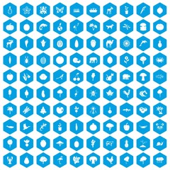100 live nature icons set in blue hexagon isolated vector illustration