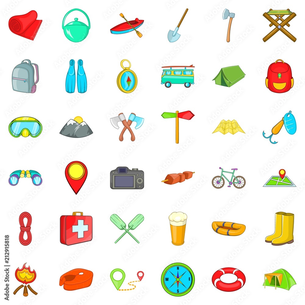 Aufkleber forest walking icons set. cartoon style of 36 forest walking vector icons for web isolated on white 