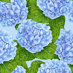 Pattern made of blue hydrangea flower painted with watercolors.