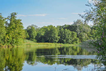 Summer landscape in the evening - a lake, trees, clouds.