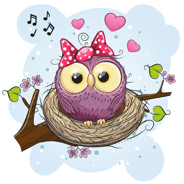 Cartoon Owl in a nest on a branch