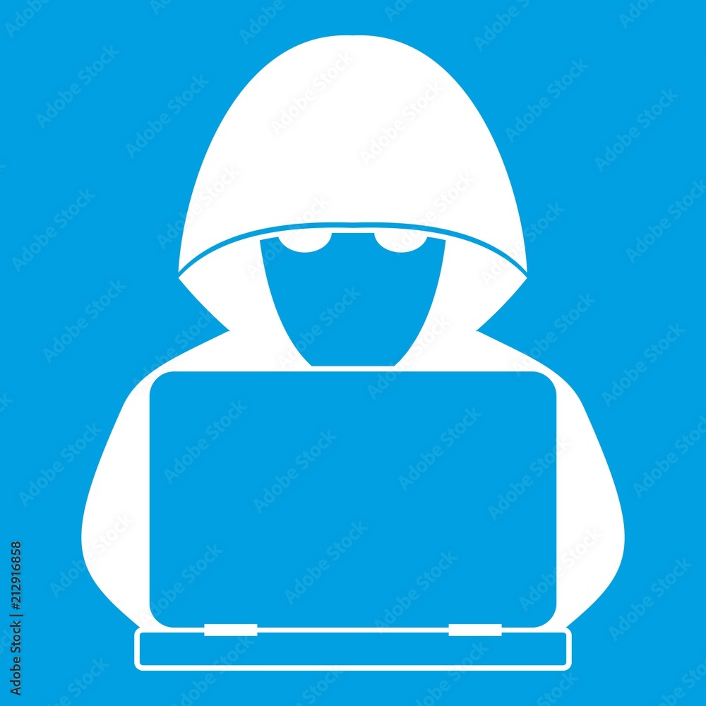 Poster computer hacker with laptop icon white isolated on blue background vector illustration