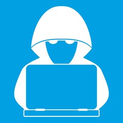 Computer hacker with laptop icon white isolated on blue background vector illustration