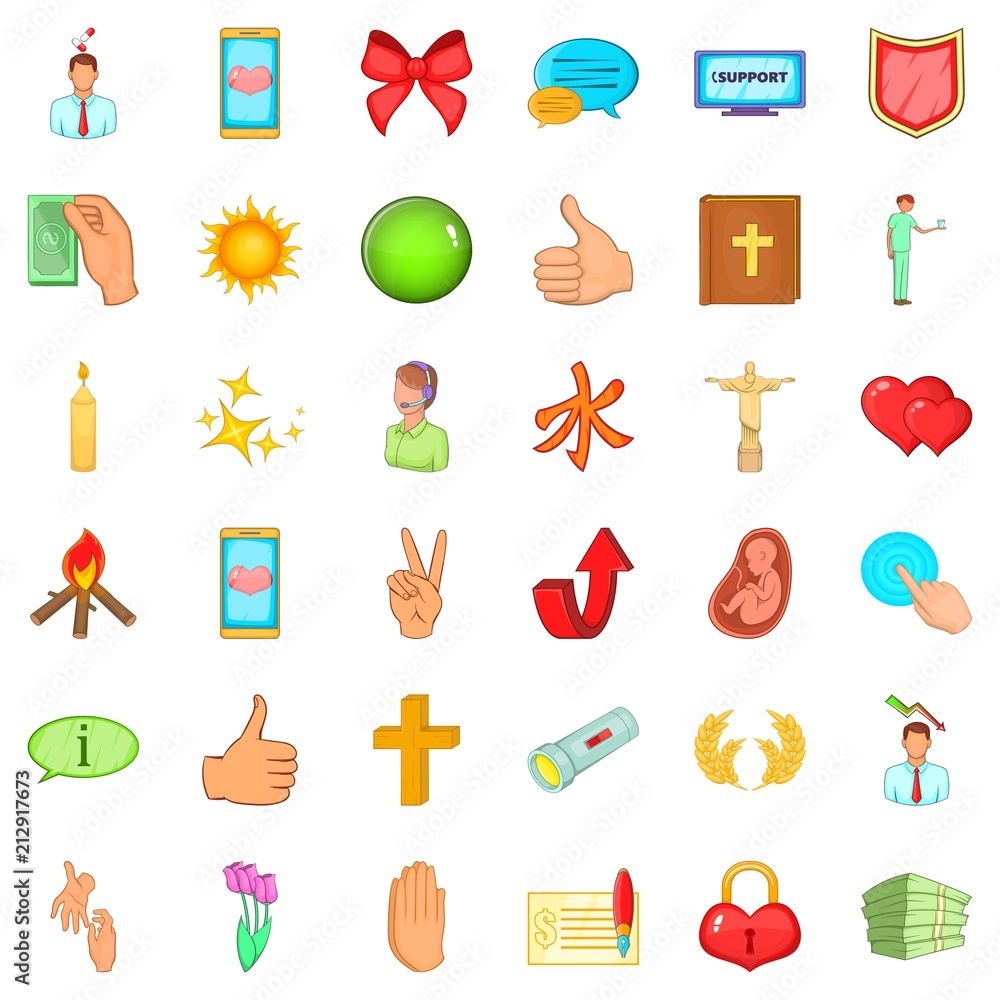 Poster helping icons set. cartoon style of 36 helping vector icons for web isolated on white background