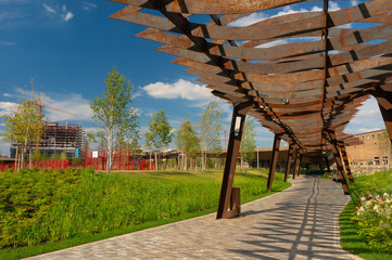 Tufeleva roscha architecture park in Moscow. Summer day at landscape park walk