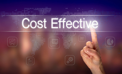 A hand selecting a Cost Effective business concept on a clear screen with a colorful blurred background.