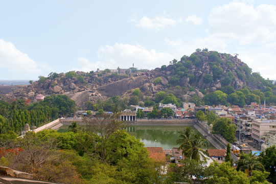 View of Chandragiri Hill and Shravanbelgola town from Vindhyagiri Hill, Shravanbelgola, Karnataka.