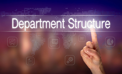 A hand selecting a Department Structure business concept on a clear screen with a colorful blurred background.