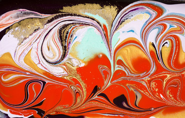 Marble abstract acrylic background. Red marbling artwork texture. Agate ripple pattern. Gold powder.