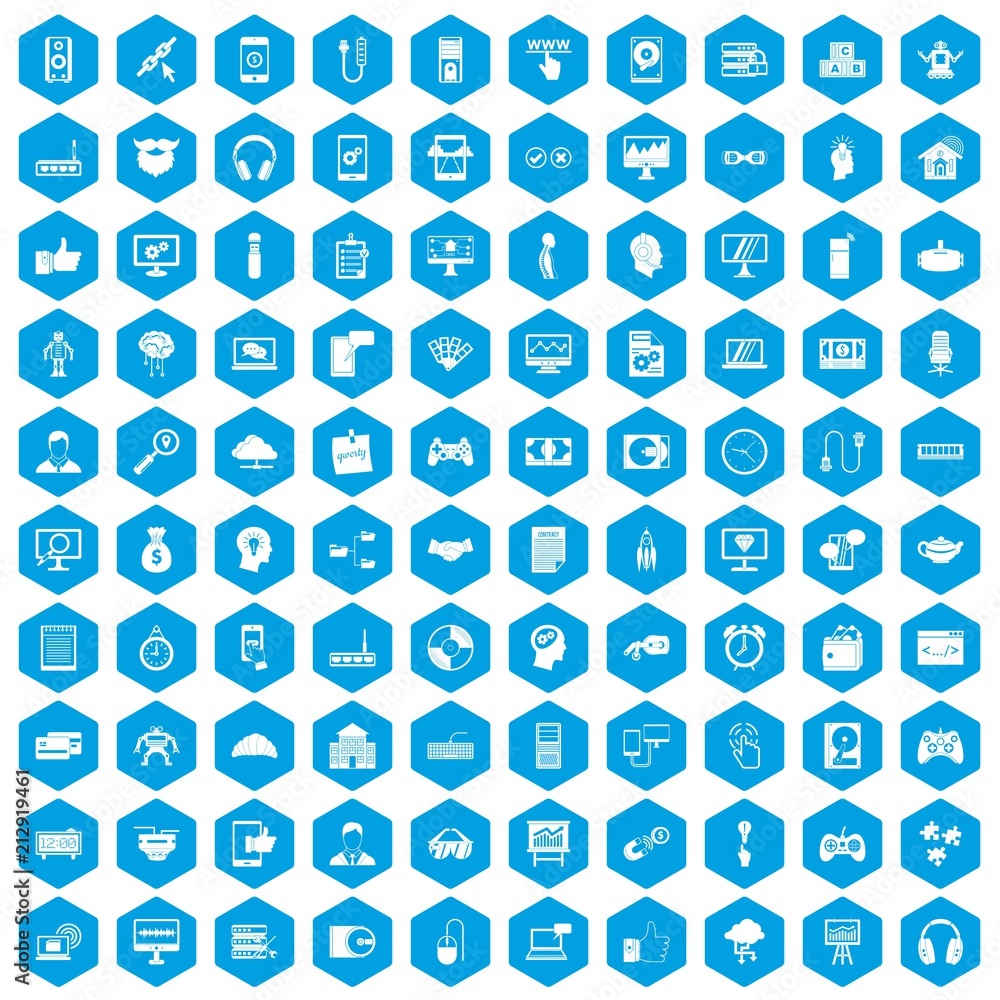Poster 100 programmer icons set in blue hexagon isolated vector illustration
