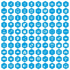 100 programmer icons set in blue hexagon isolated vector illustration