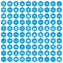 100 property icons set in blue hexagon isolated vector illustration