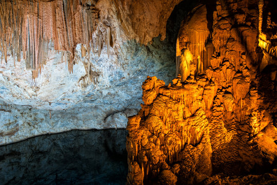 Stalactites and stalagmites in a cave in Turkey